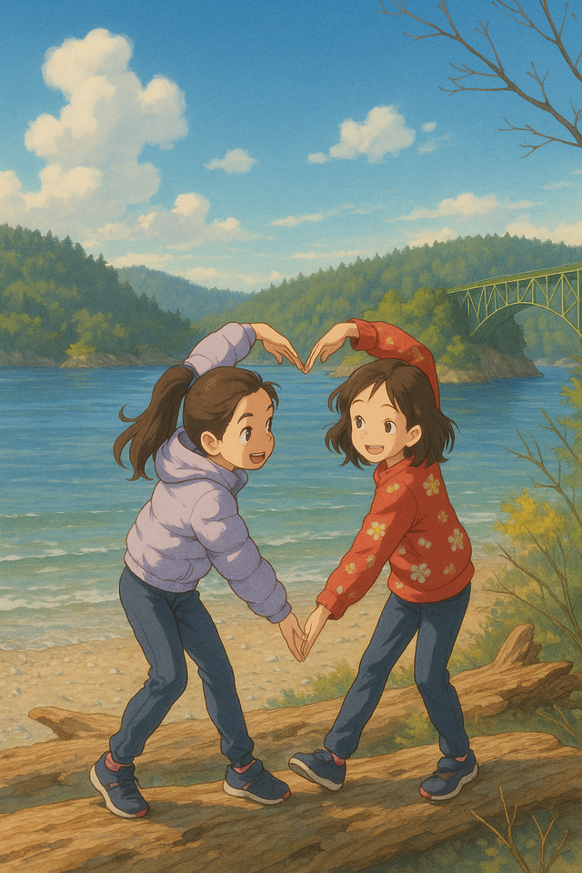 Two girls making a heart by the water